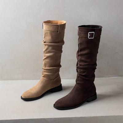 Cowhide Version Small Suede Stacking Boots Long Tube New Autumn and Winter Knight Boots Women's Shoes