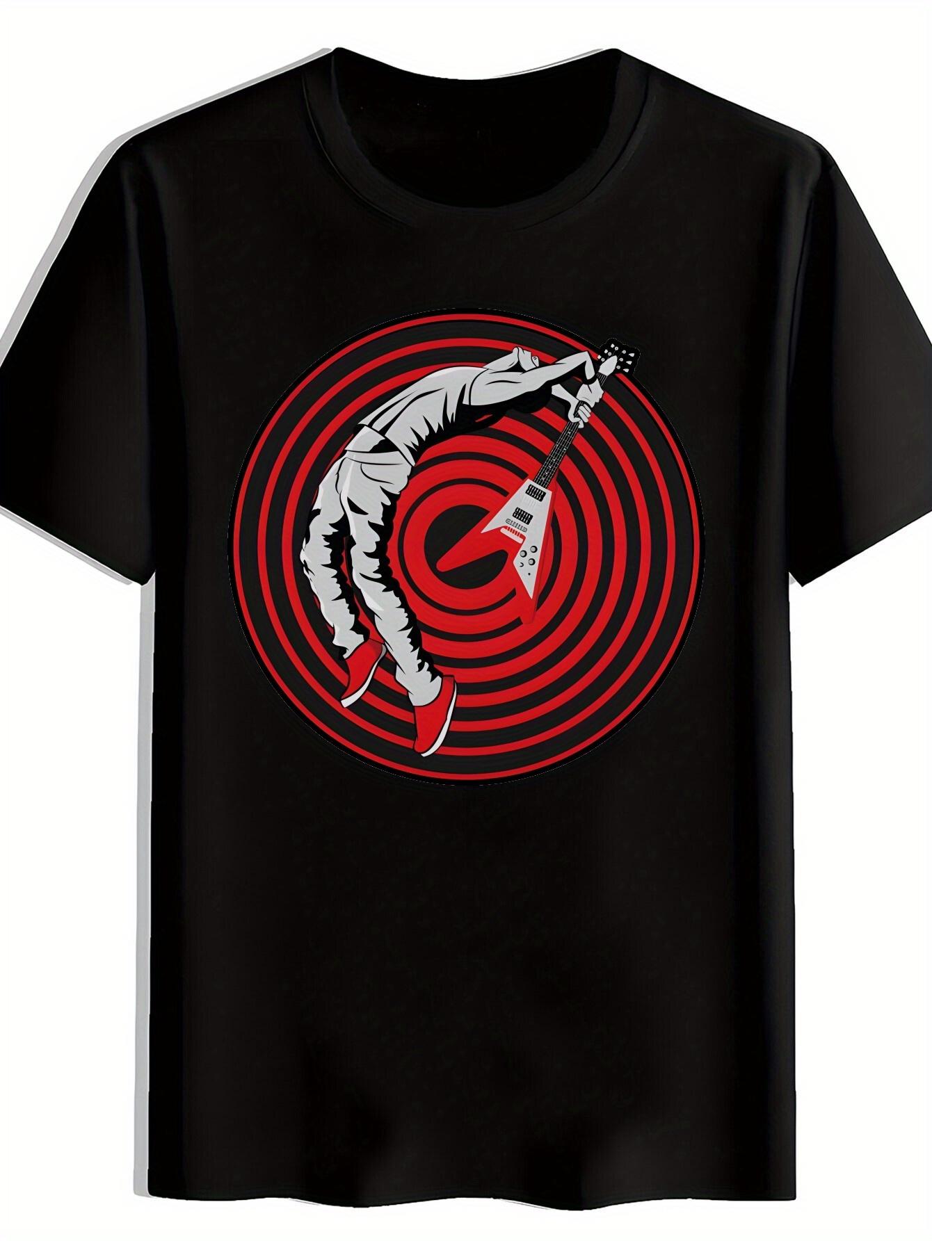 Black T-shirt with Red & White Guitar Graphic - Casual Crew Neck XXXL