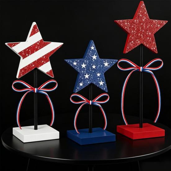 3 Pcs 4th of July Wooden Star Signs, Red White Blue Glitter Patriotic Star Table Centerpiece for Independence Day, Tiered Tray, Tabletop Decor