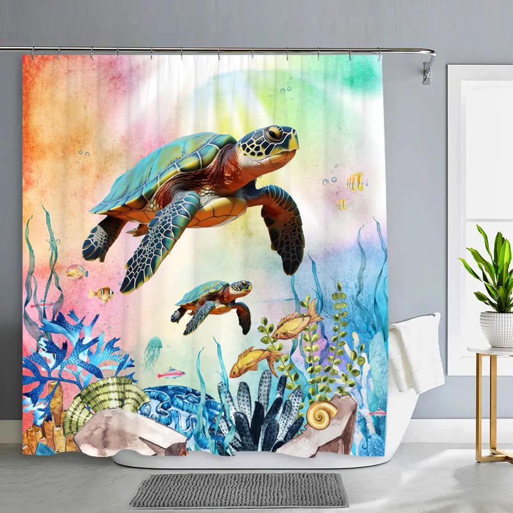 Ocean Animals Bathroom Curtains Watercolour Octopus Jellyfish Turtle Polyester Fabric Washable Shower Curtains Bathroom Decor