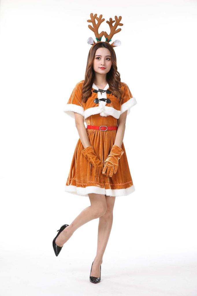 Osseoca Women's Santa Dress, Reindeer Cosplay Costume Set with Bolero, Headband, and Belt, Perfect for Christmas and Parties