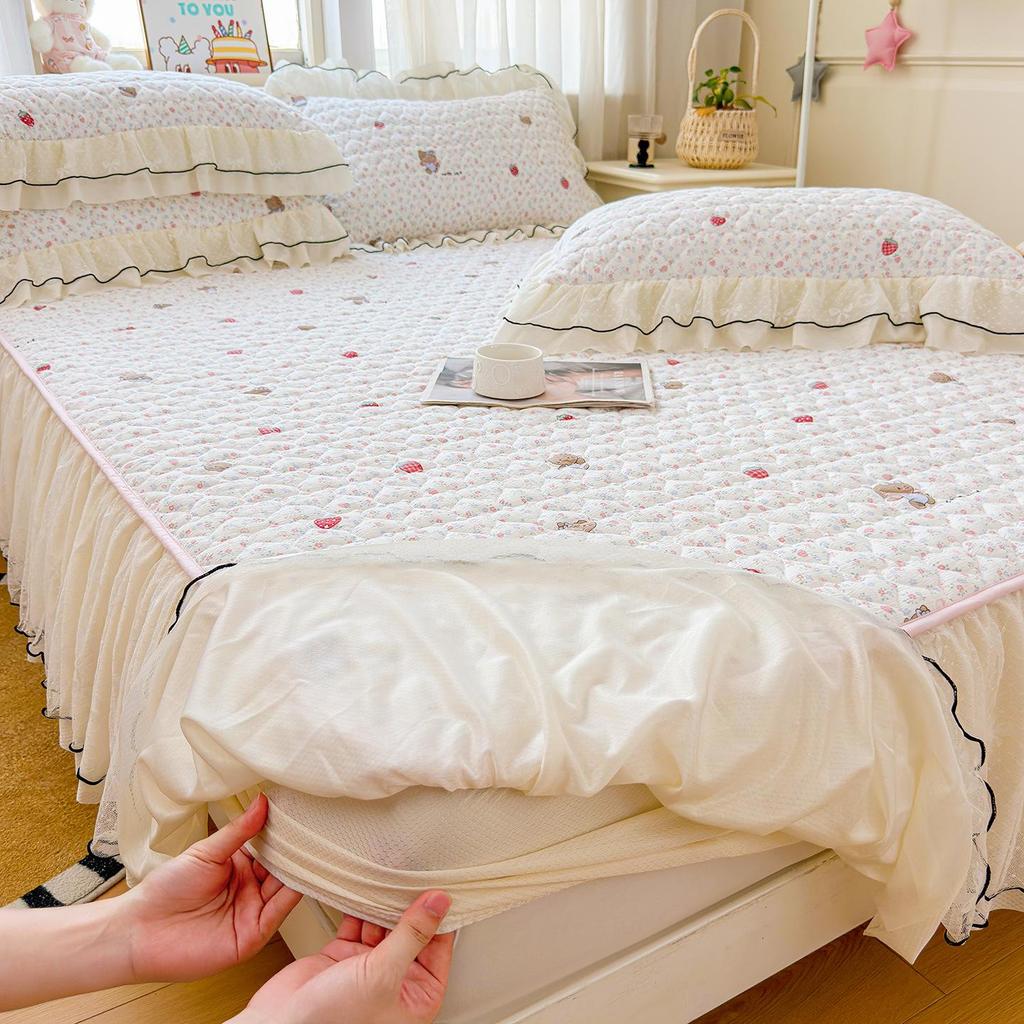 Korean Style Crinkled Gauze Quilted Bed Skirt with Fresh Lace Trim - Non-slip Home Bedding Set