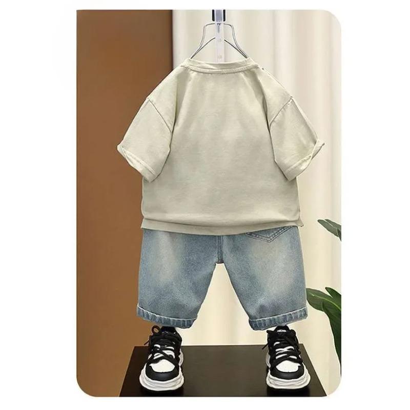Jungen Sommerkleidungsset Briefdruck Kurzarm-T-Shirt Jeans-Shorts Anzug Kinder Freizeit-Outfit