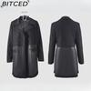 BITCED Mid-Length Women's Leather Jacket with Patchwork Details, Reversible Vintage Style, Fleece-Lined Thickened Leather and Fur Combination Coat