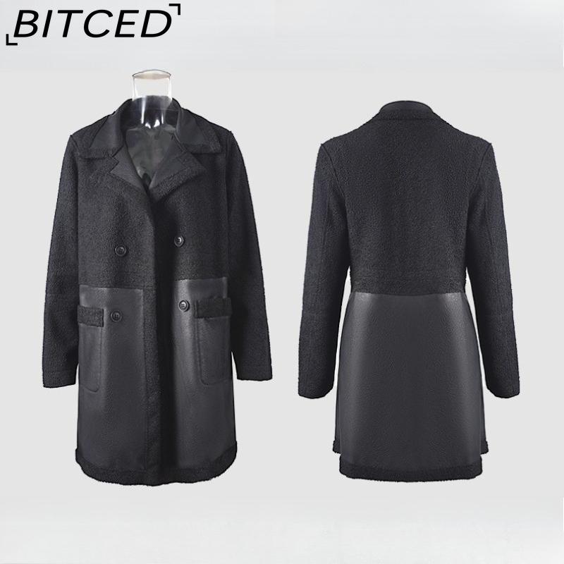 BITCED Mid-Length Women's Leather Jacket with Patchwork Details, Reversible Vintage Style, Fleece-Lined Thickened Leather and Fur Combination Coat