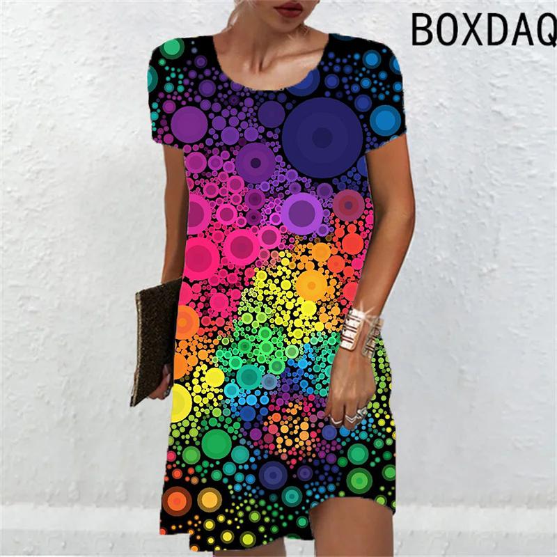 Tie dyed color Print Women Dress Casual Street Plus Size Vintage Woman Clothing Summer Short Sleeve O-Neck Loose Mini Dress