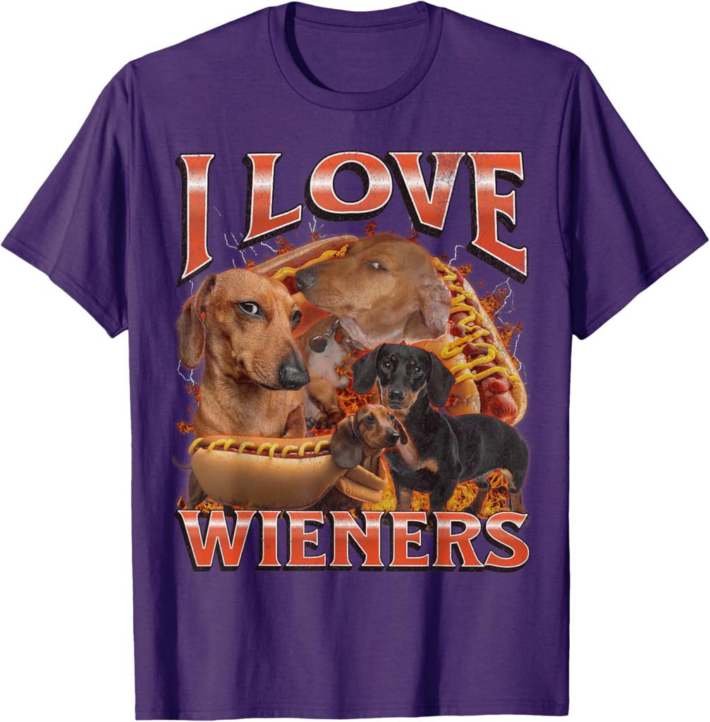 I Love Wieners Dachshund Dog Hot Dog Graphic Tee Funny Casual Cotton Short Sleeve T-Shirt Pets Owner Walking Outdoor