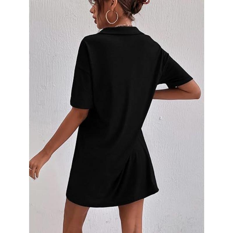 YYFS Women's Fashion Summer Spring Solid Color Print Short Sleeve POLO Neck Loose Waistline Casual Dresses