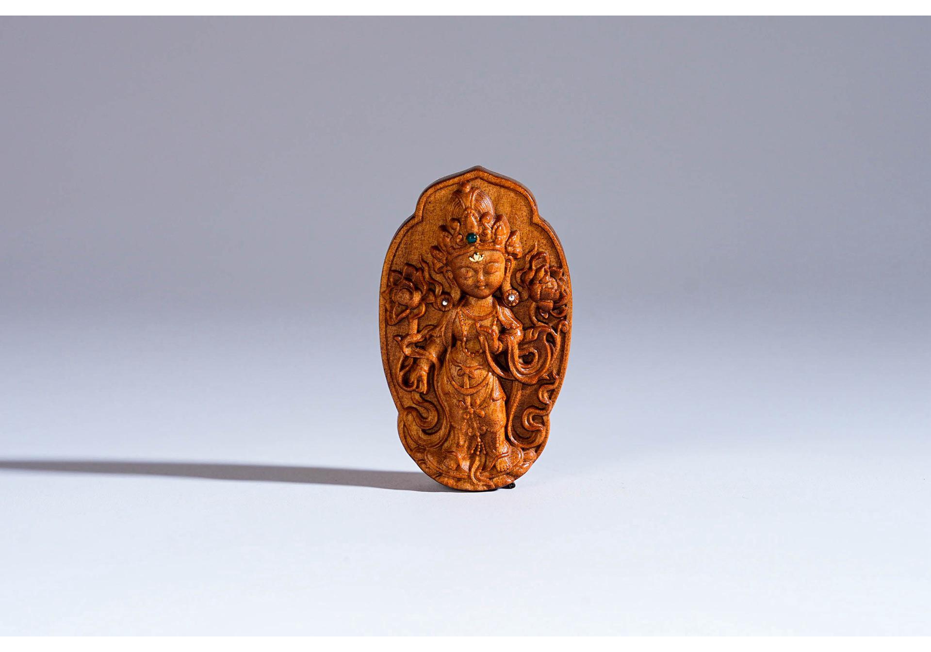 Sandalwood Green Tara Pendant Necklace - Carved Cultural Gift