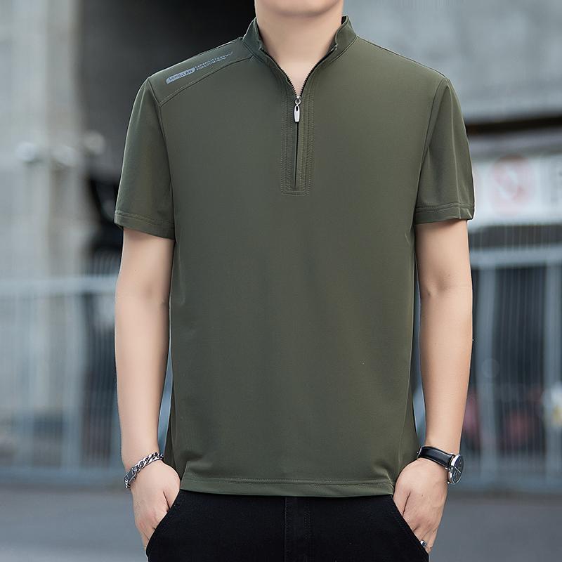 

Ice silk stand-up collar half-chest zipper men s short-sleeved T-shirt breathable and cool sports casual half-sleeved Polo shirt men s top 2XL армия зеленый