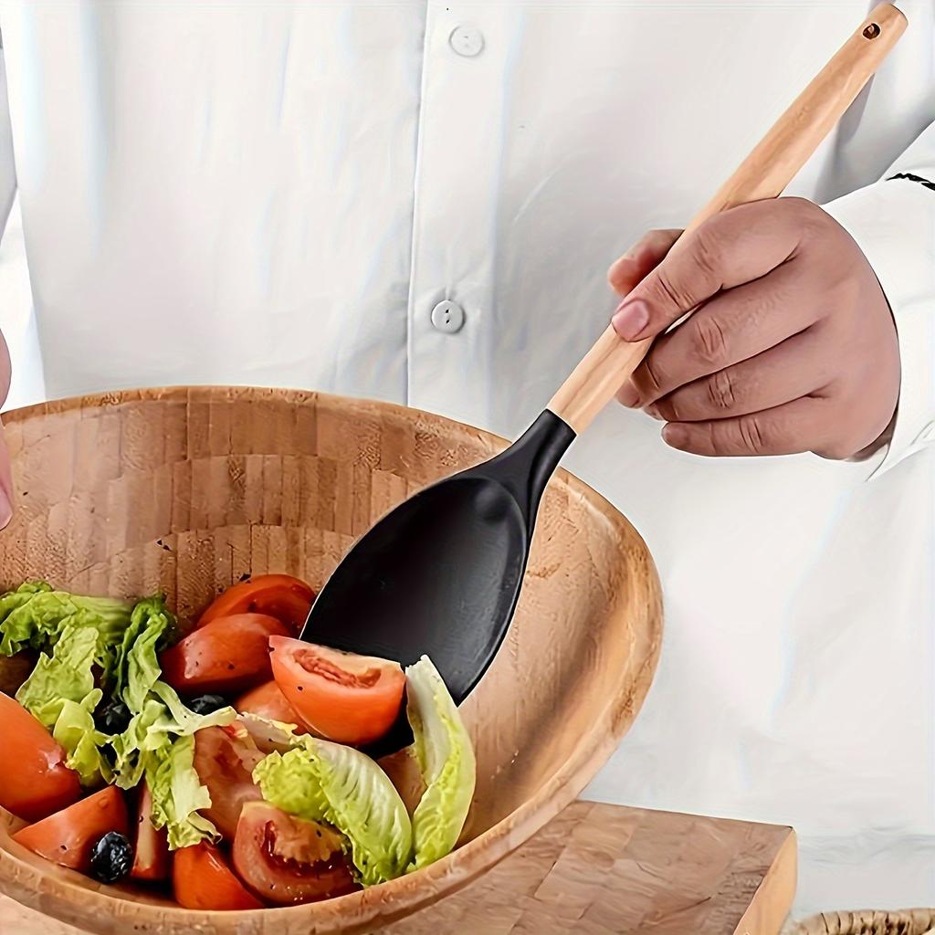 7-Piece Black Silicone Kitchen Utensil Set with Wooden Handles for Non-Stick Cookware