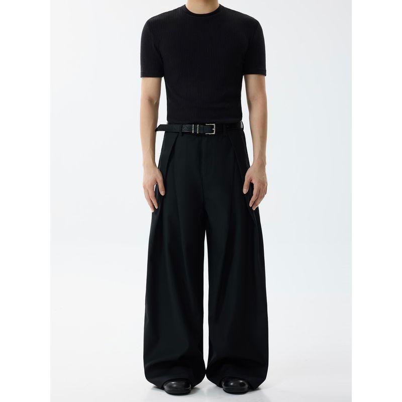 Blaexit Retro Vintage Style Cleanfit Gray A-Line Dress Pants Men's Pleated Casual Loose Wide-Leg Scimitar Pants