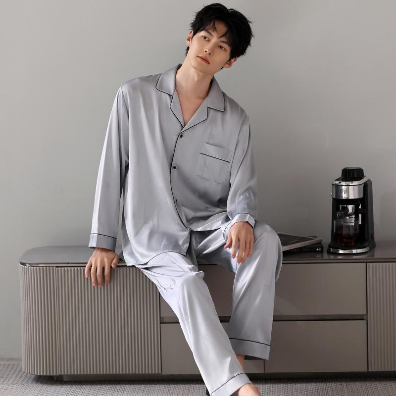 Pajamas Men's Summer 1011 New Ice Silk Long Sleeve Thin All Seasons Men's Dad Loungewear Spring and Autumn
