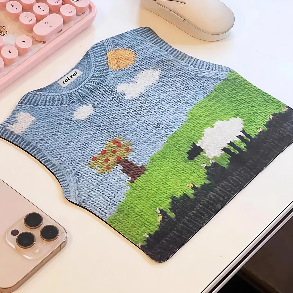 1pc Adorable Knit Sweater Design Mouse Pad-Cute Pixel Tree, Sheep Landscape Gaming Aesthetic,Non-Slip Base,Washable Desk Mat