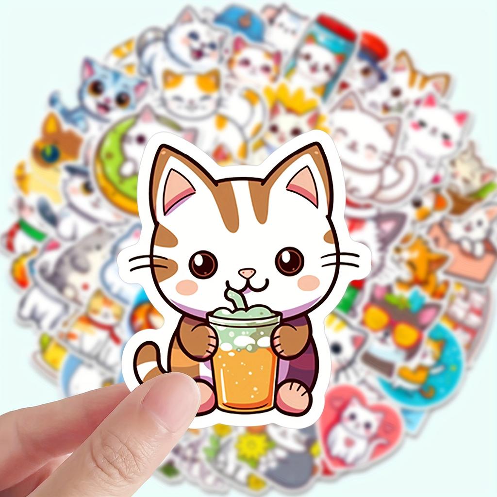 50pcs Cute Cartoon Cat Doodle Stickers | Vinyl, Mixed Color, Single Use, Ideal for Scrapbooking and Planners - Reward Gift