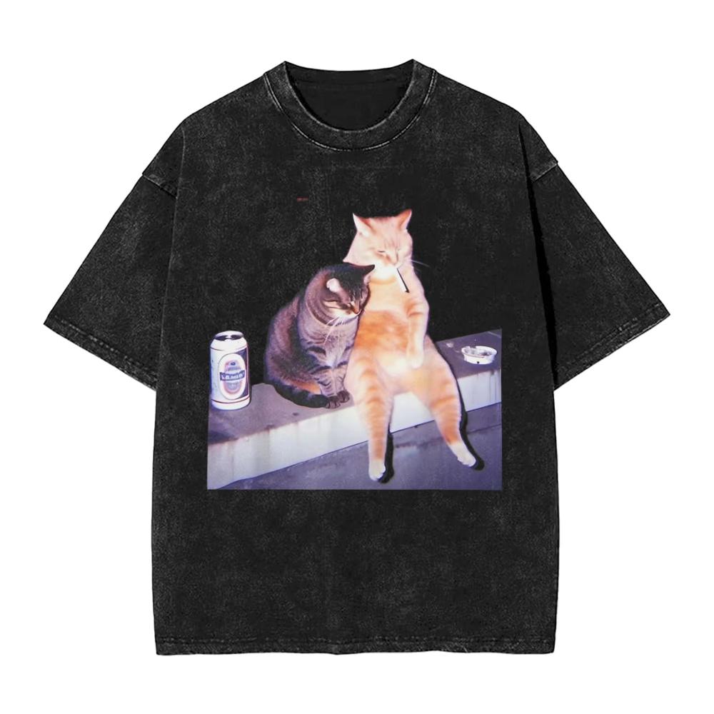 

Funny Smoking Cat Cigarette Kitty Meme Cat Lovers Washed T Shirt Men s Cotton T-Shirt Crew Neck Tee Shirt Short Sleeves Clothing L