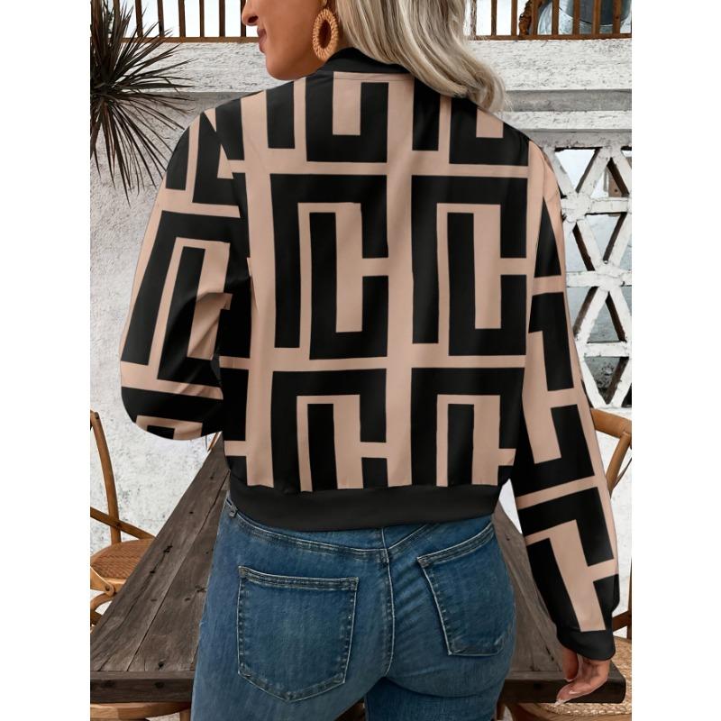 Damen Leichte Bomberjacke mit geometrischem Print und Reißverschluss - Lässige Langarmjacke, maschinenwaschbar