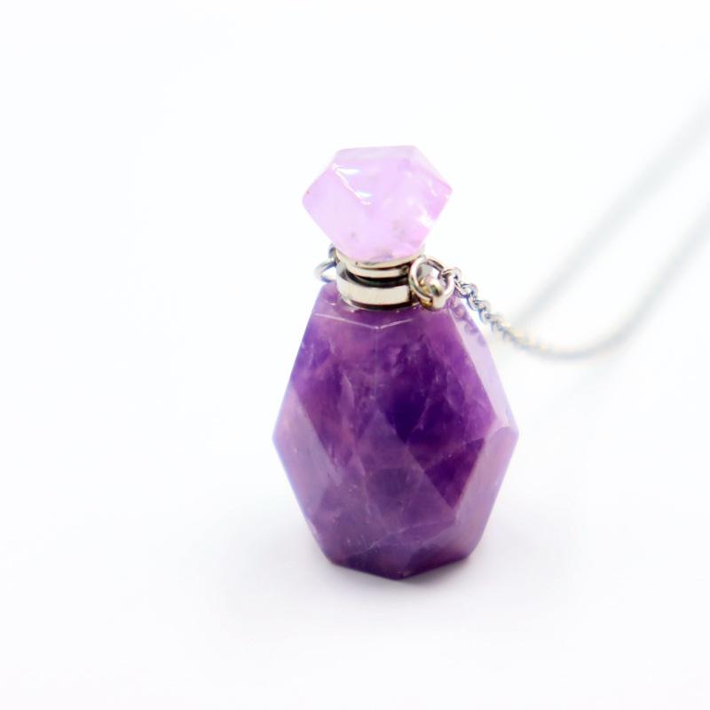 Crystal Faceted Crystal Amethyst Rose Quartz Nature Stone Perfume Bottle Pendant for Women Diffuser Necklaces