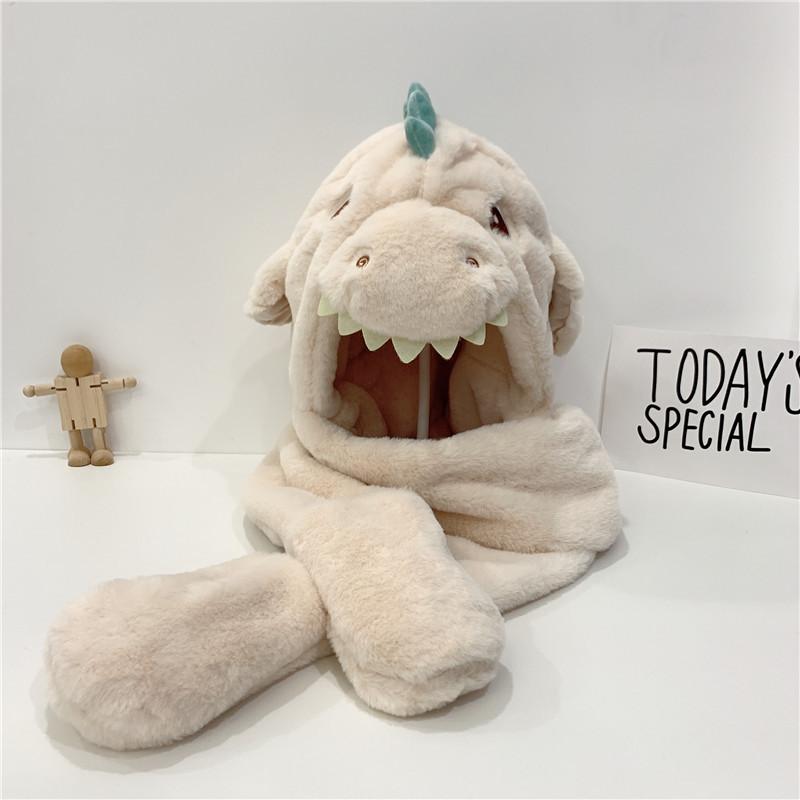 Plüschschal einteilige Mütze, Winter Dinosaurierohren werden sich bewegen, Pinguin Samt Kälteschutzhandschuhe, Fahrradmütze für mittlere und ältere Kinder