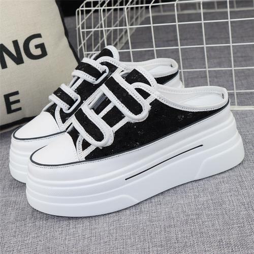 

модные летние туфли из парусины с толстой подошвой и внутренним усилением, полупрозрачные женские туфли Muffin A Pedal Lazy Shoes женские повседневные дышащие тапочки 40 чёрный