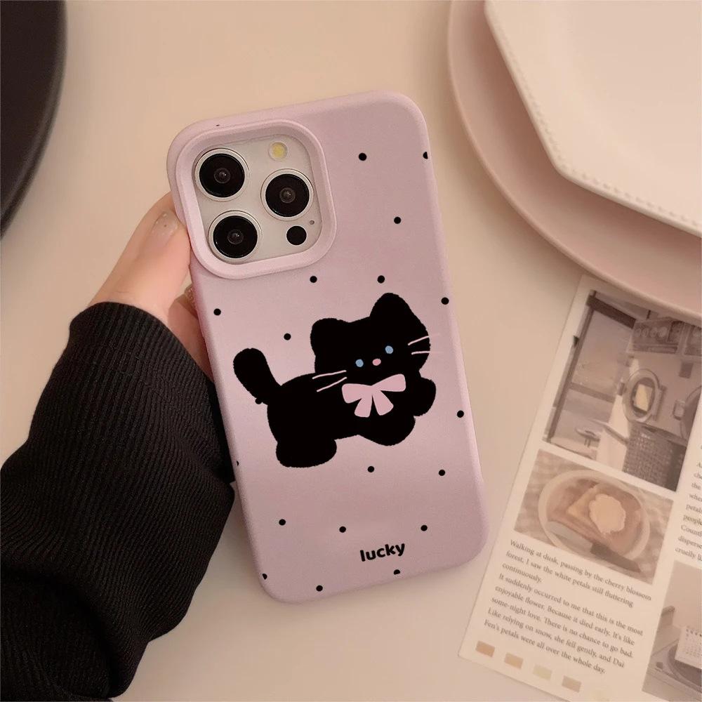 Polka dot bow black cat for Apple 17/16 Pro mobile phone case iPhone15 liquid 13 cute 12 soft 14
