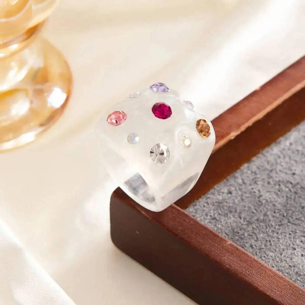 IngeSight.Z Trend Colorful Resin Inlay Rhinestone Geometric Square Ring for Women Sweet Chunky Geometric Ring Jewelry Accessory