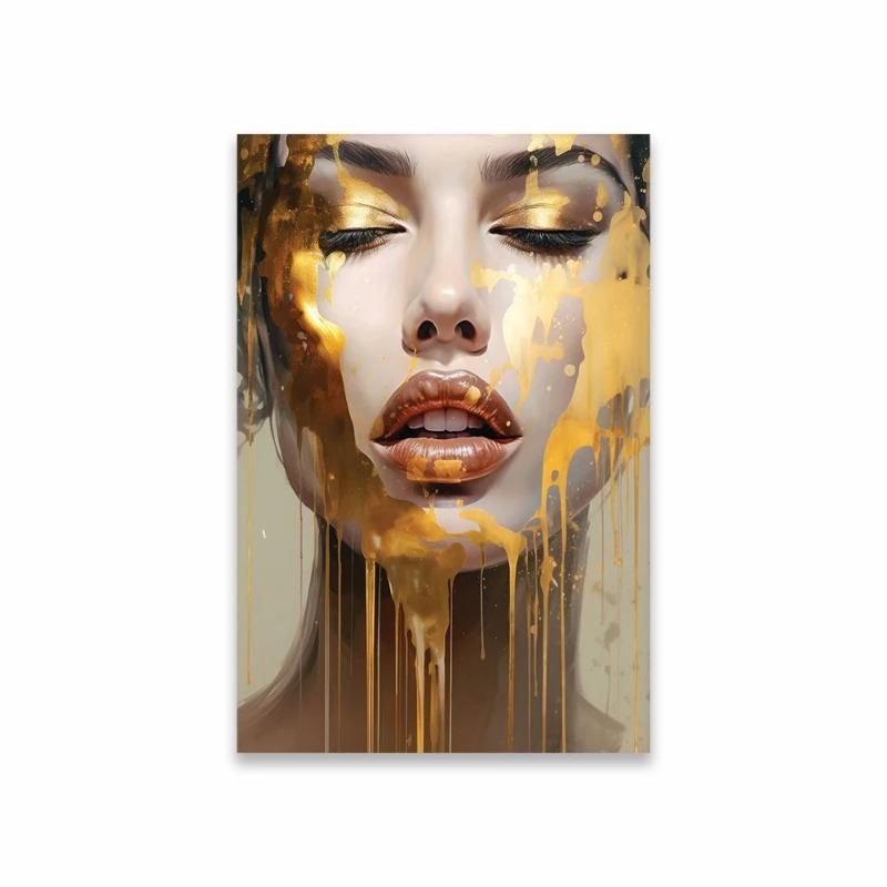 Abstract Woman Face Wallart Poster Girl Wall Art Portrait Gold Face Woman Art Print Living Decor Canvas Painting Modern Home Art