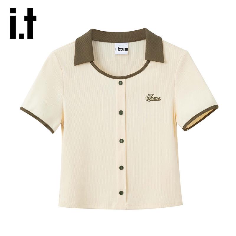 izzue it Женский вязаный топ с воротником-поло и короткими рукавами M