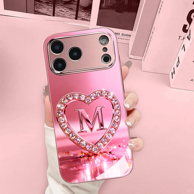 Diamond Love Letter Tempered Glass Phone Case for iPhone 17 Pro Max 11 12 13 Pro 14 15 16 Plus 16E 17Air Lens Protection Cover