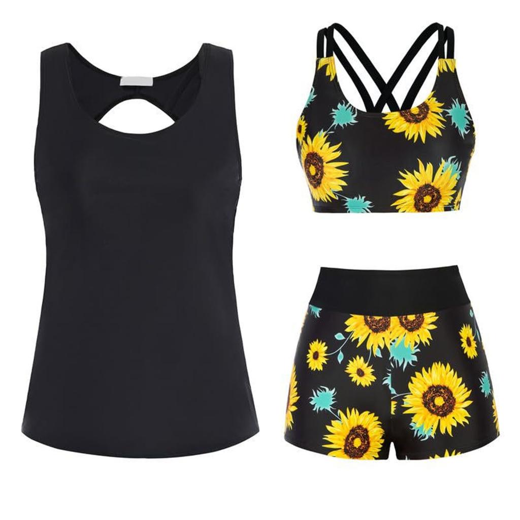 Women's Floral Printed Separate Three Piece Swimsuit With Bra Pads No Steel Bra Sexy Bikini