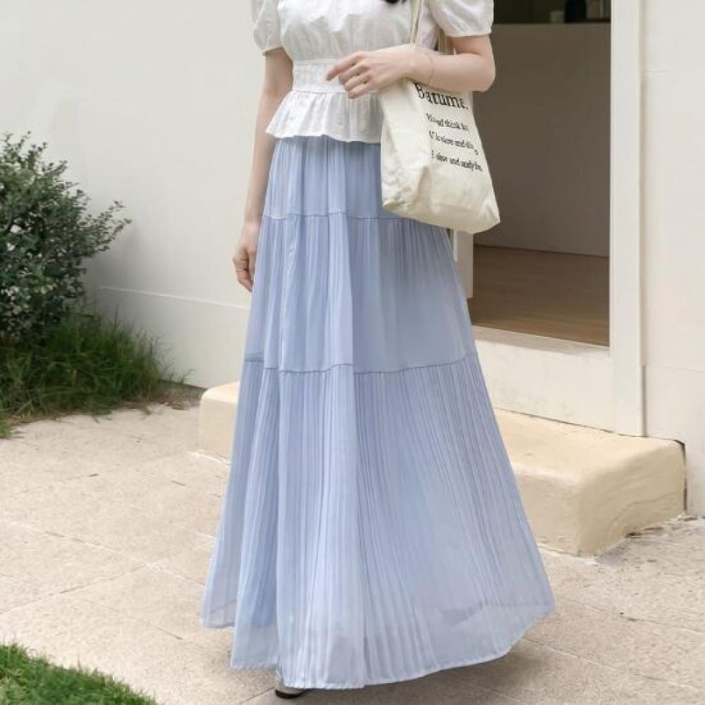 Navava Women S Cool Lovely paStel Shirring Pleated Long Skirt nS501