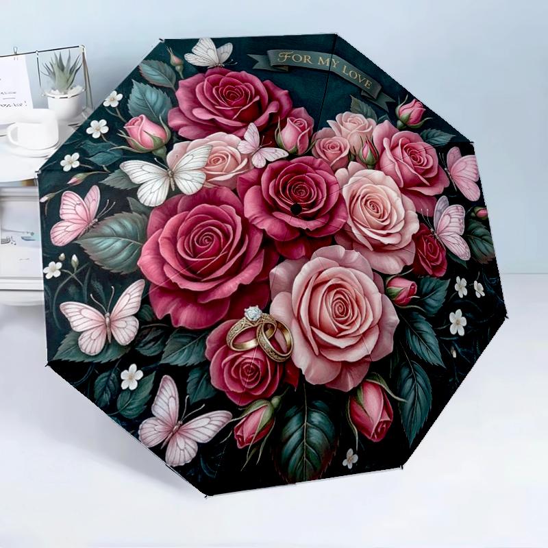 Roses And Berries Design 8-Frame for Travel, Camping, Casual Lightweight Portable Umbrella, Essential for Every Family Holidays Birthday Gift