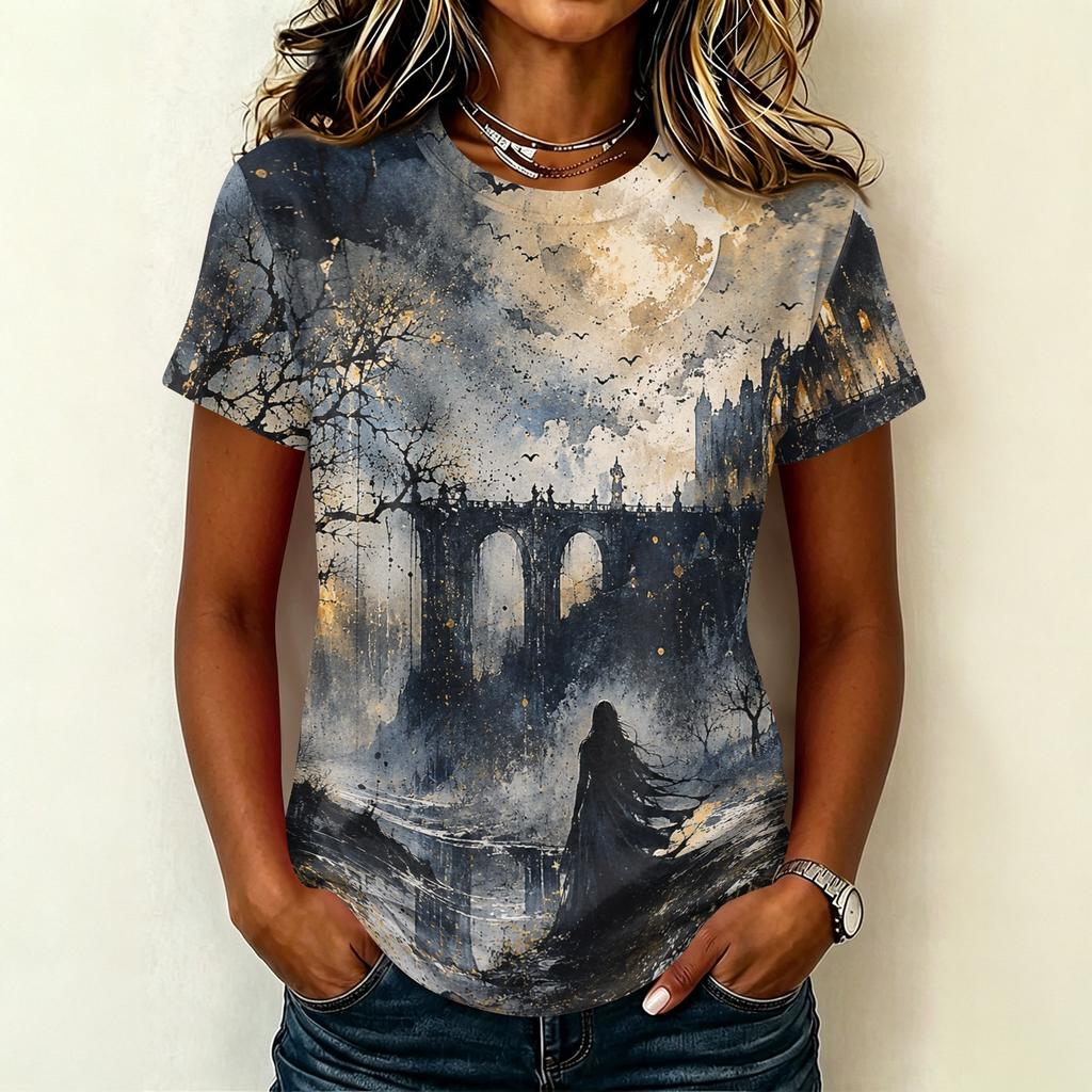 Women's Casual Pullover Short Sleeve T-Shirt Halloween Print Top Crew Neck Relaxed Fit Lightweight Tee for Everyday Wear