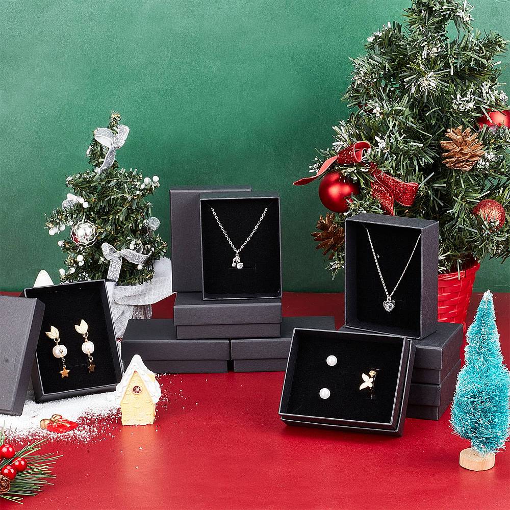 12pcs Kraft Cotton Filled Cardboard Paper Jewelry Set Boxes for Ring Necklace Earring with Sponge inside Rectangle Black 9x7x3cm