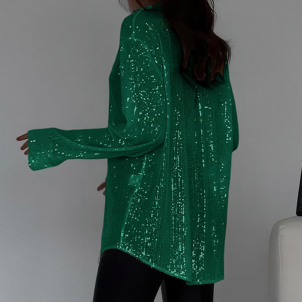 2026 Sexy Sequin Sparkle Lapel Single-Breasted Long Sleeve Women's Shirt