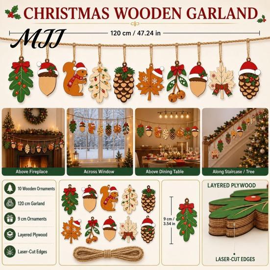 Rustic Holiday Room Decor Christmas Forest Theme Pendant, Wooden Hanging Ornaments with Squirrels Acorns and Pine Farmhouse Decorations Cones,