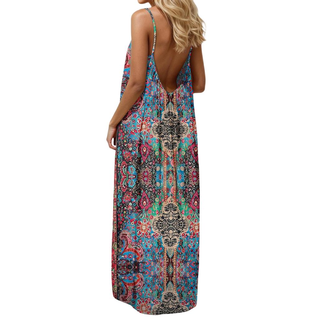 Women’s Maxi Dress Sleeveless Spaghetti Strap Loose Fit Floral Print Casual Long Sundress for Summer Beach Vacation