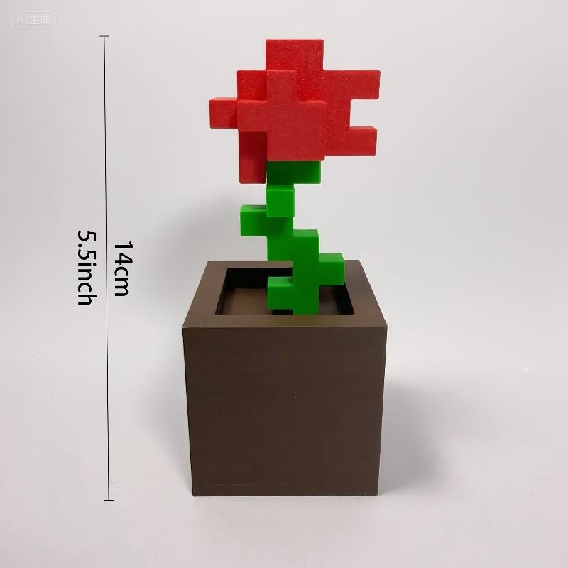 3D Printed Pixel Rose Ornament, Plastic Flower Decor for Desktop & Holiday Gifts