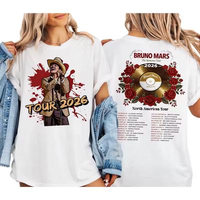 Bruno Mars The Romantic Tour 2026 Schedule Dates Two Sided T-shirt Gift for Her Summer Men Women Cotton Oversized T-shirt Y2K