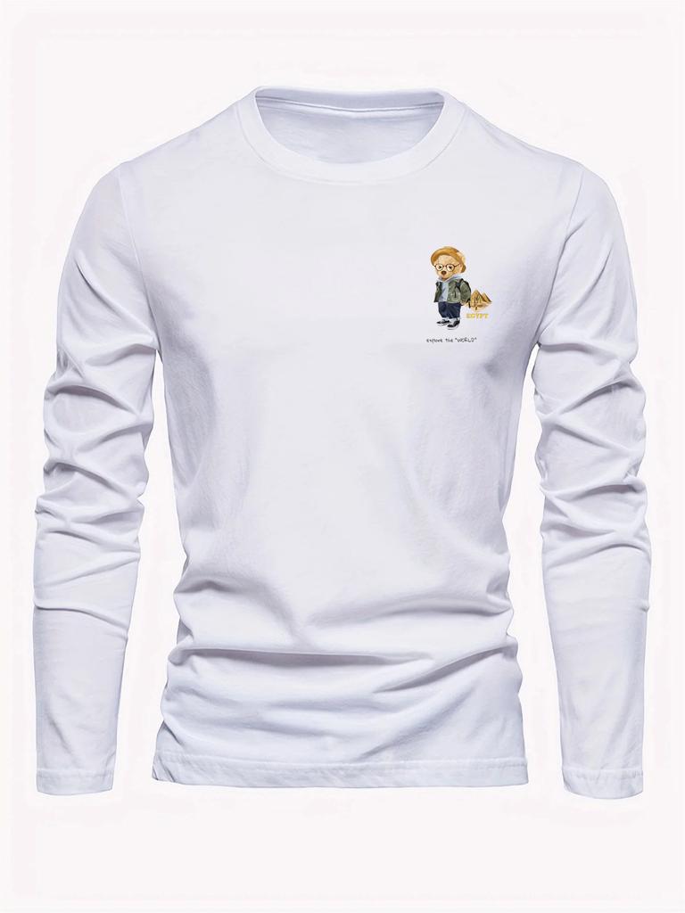 100% Pure Cotton Men's Long Sleeved Round Neck Loose Travel Bear Pattern Printed Spring and Autumn Casual Versatile T-Shirt Top