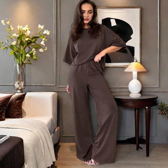 

Women s 2 Piece Outfits Casual Short Sleeve Pullover Loose Top And Wide Leg Pants Set S коричневий
