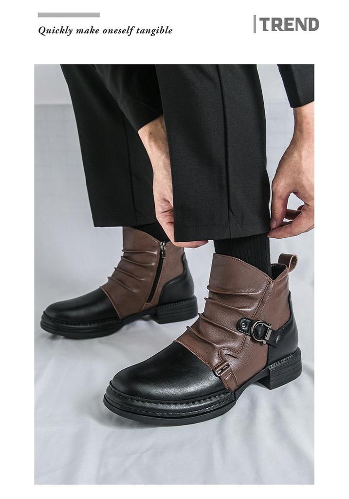 Men's Autumn Color Block Leather Ankle Boots - Plus Size, Thick Sole, British Style, Zipper High Tops, Formal & Casual.