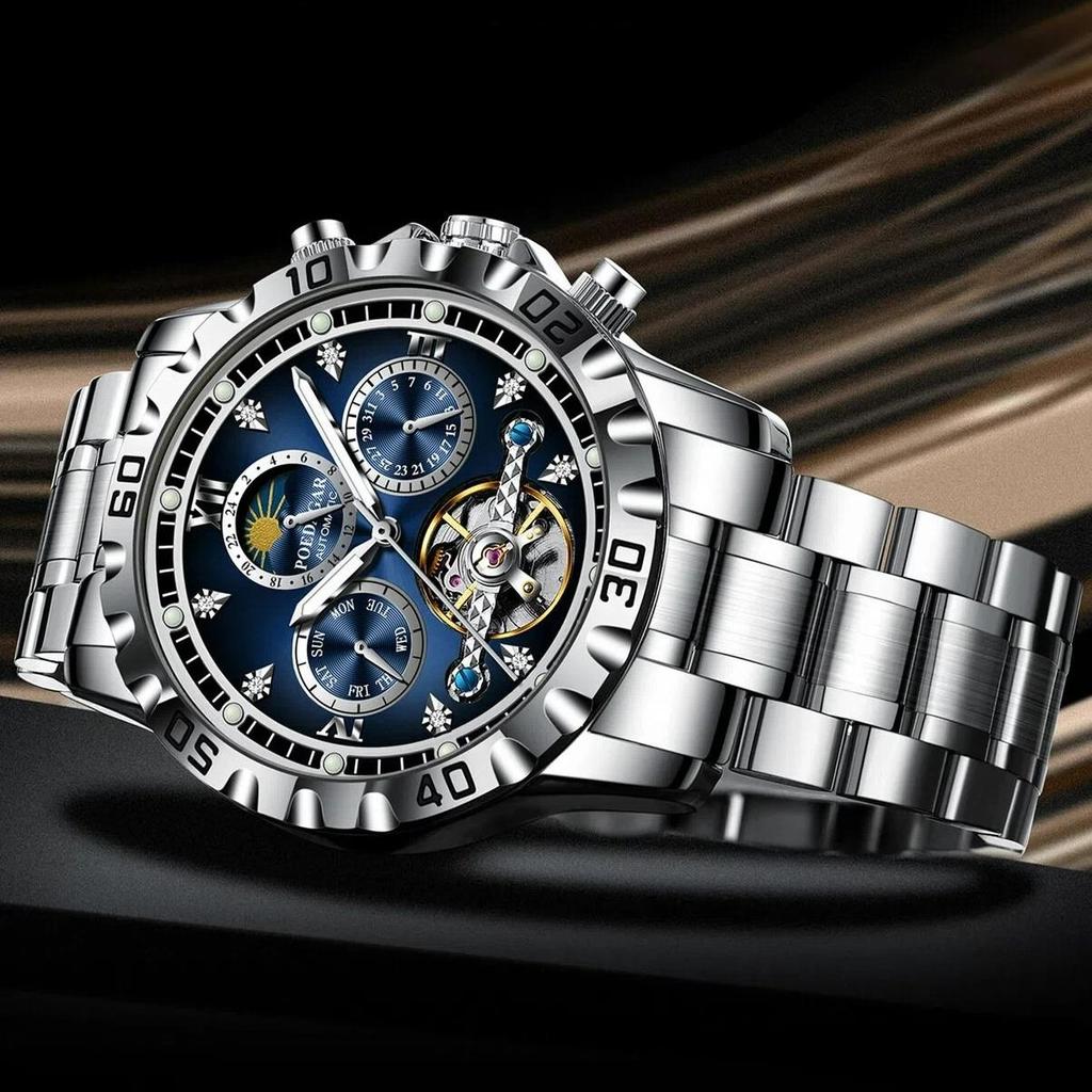 POEDAGAR Fashion Luxury Men Watch Automatic Date Week Man Wristwatch Hollow Tourbillon Mechanical Stainless Steel Men's Watches