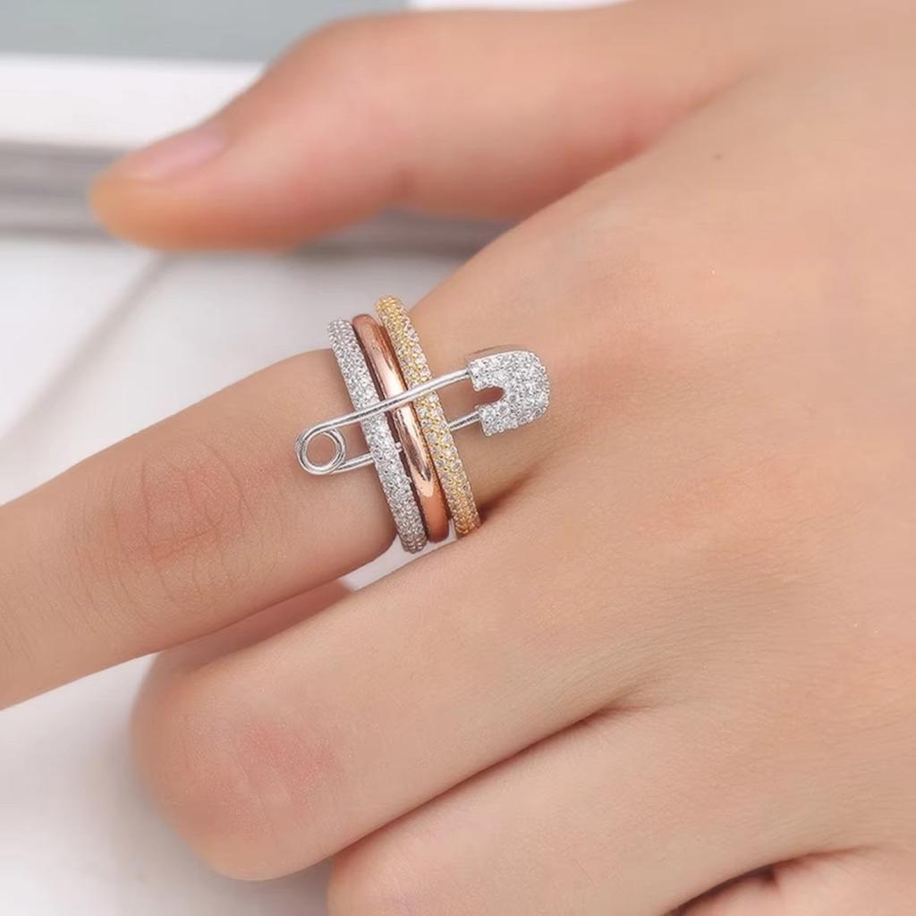 Anello Triplo da Donna, Design Spilla da Balia, Zirconia, Multicolore, Misura 6