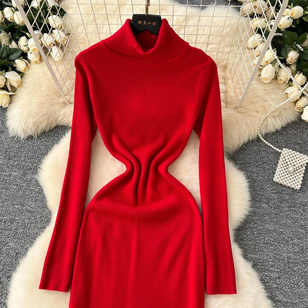 Jesień Zima Kobiety Elegancki Golf Długi Rękaw Dzianinowy Sweter Pulower Długie Sukienki Maxi Syrenka na Imprezę