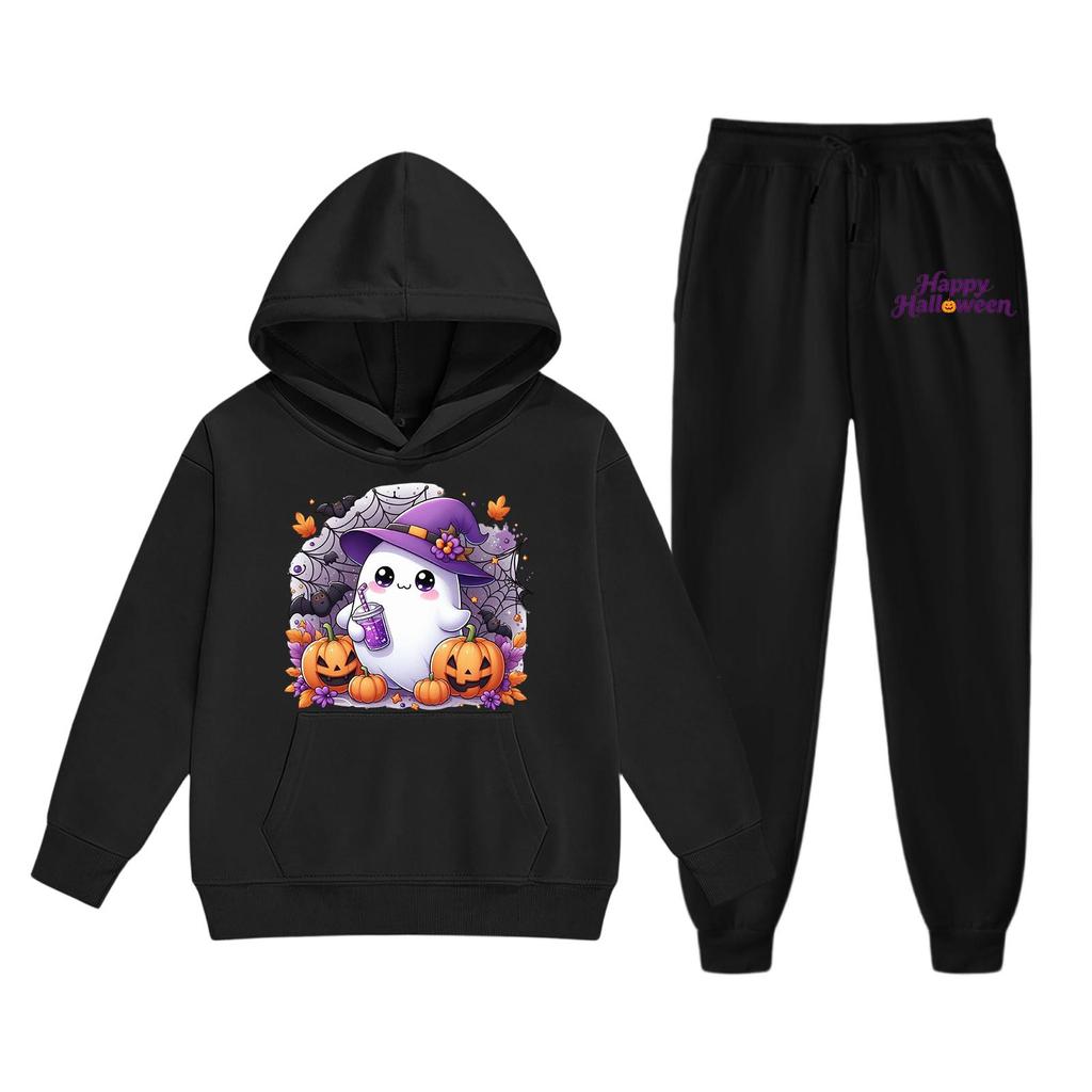Kids Halloween Hoodie and Sweatpants Set Cute Ghost Print Pullover Hooded Sweatshirt and Matching Bottoms for Children Soft Comfortable Outfit
