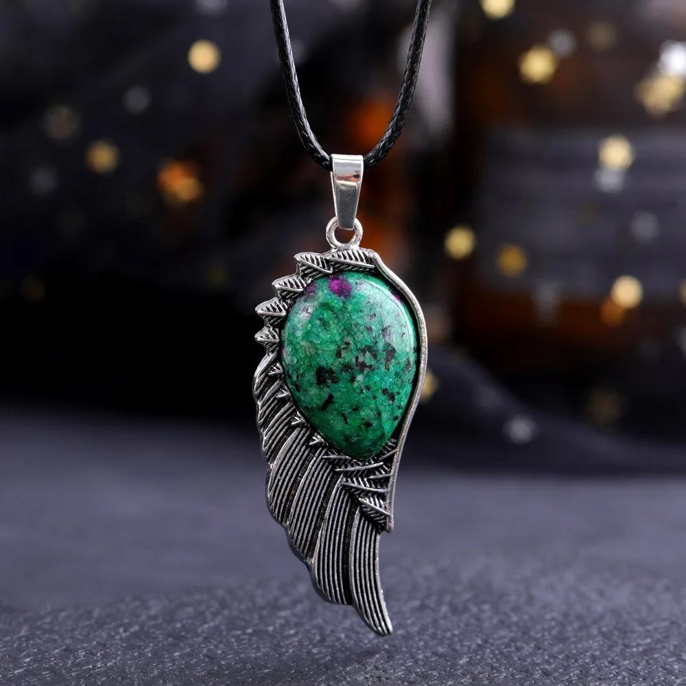 Natural Crystal Necklace Angel Single Winged Pendant Natural Gem Necklaces Jewelry Healing Stone Necklaces for Women Angel Wings