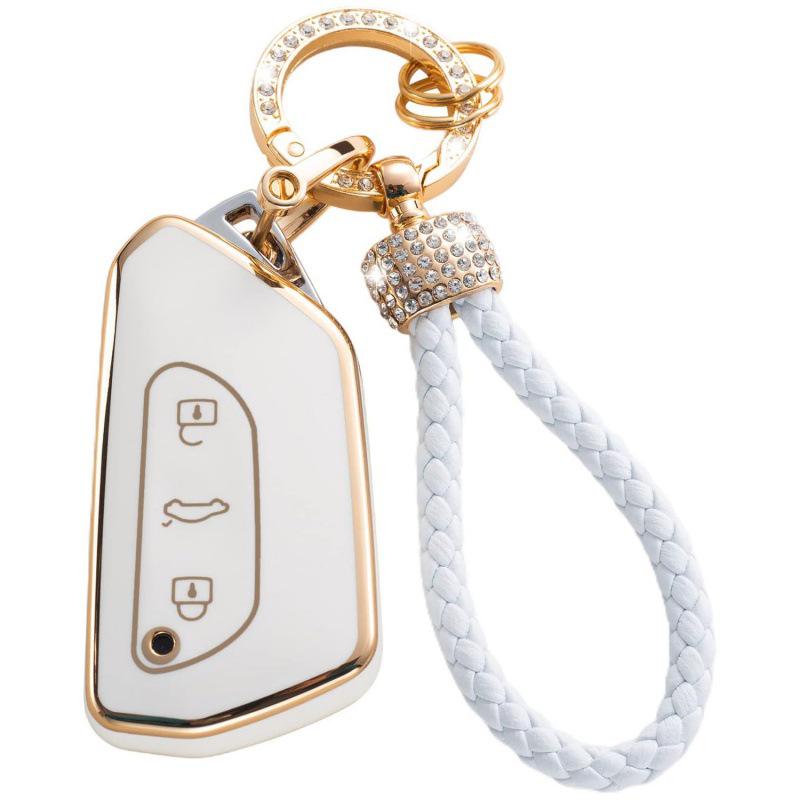 Gold-Rimmed Car Key Set with Diamond Ring Pendant Key Chain