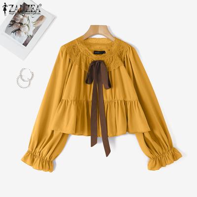 Women Eleganr Lace Patchwork Casual Long Sleeve Blouse