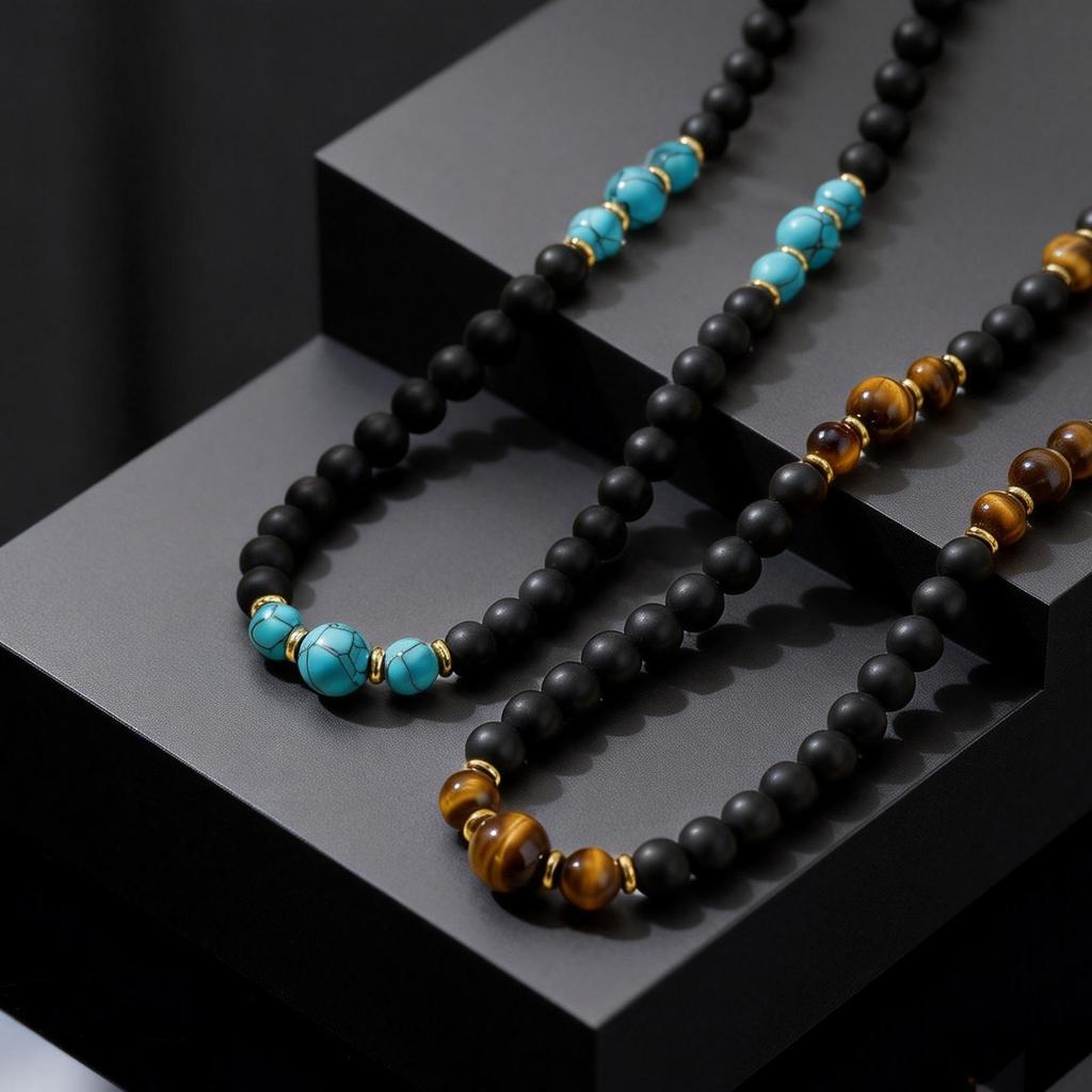 Retro Natursteinperlen Halskette Tigerauge Stein Edelstahl Handgefertigtes Halsband für Herren Boho Trendiger Schmuck Geschenke